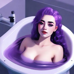 This is a high-quality digital art image of a 25-year-old woman with purple hair and black eyes, lying in a bathtub