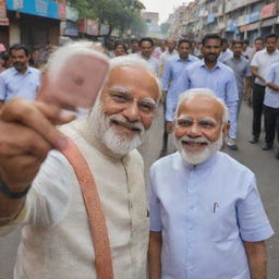 A two-year-old boy taking a selfie with Prime Minister Narendra Modi on a lively street, both are smiling