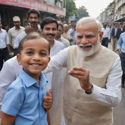 A two-year-old boy taking a selfie with Prime Minister Narendra Modi on a lively street, both are smiling