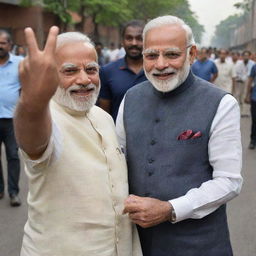 A two-year-old boy taking a selfie with Prime Minister Narendra Modi on a lively street, both are smiling