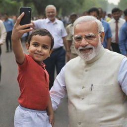 A two-year-old boy taking a selfie with Prime Minister Narendra Modi on a lively street, both are smiling