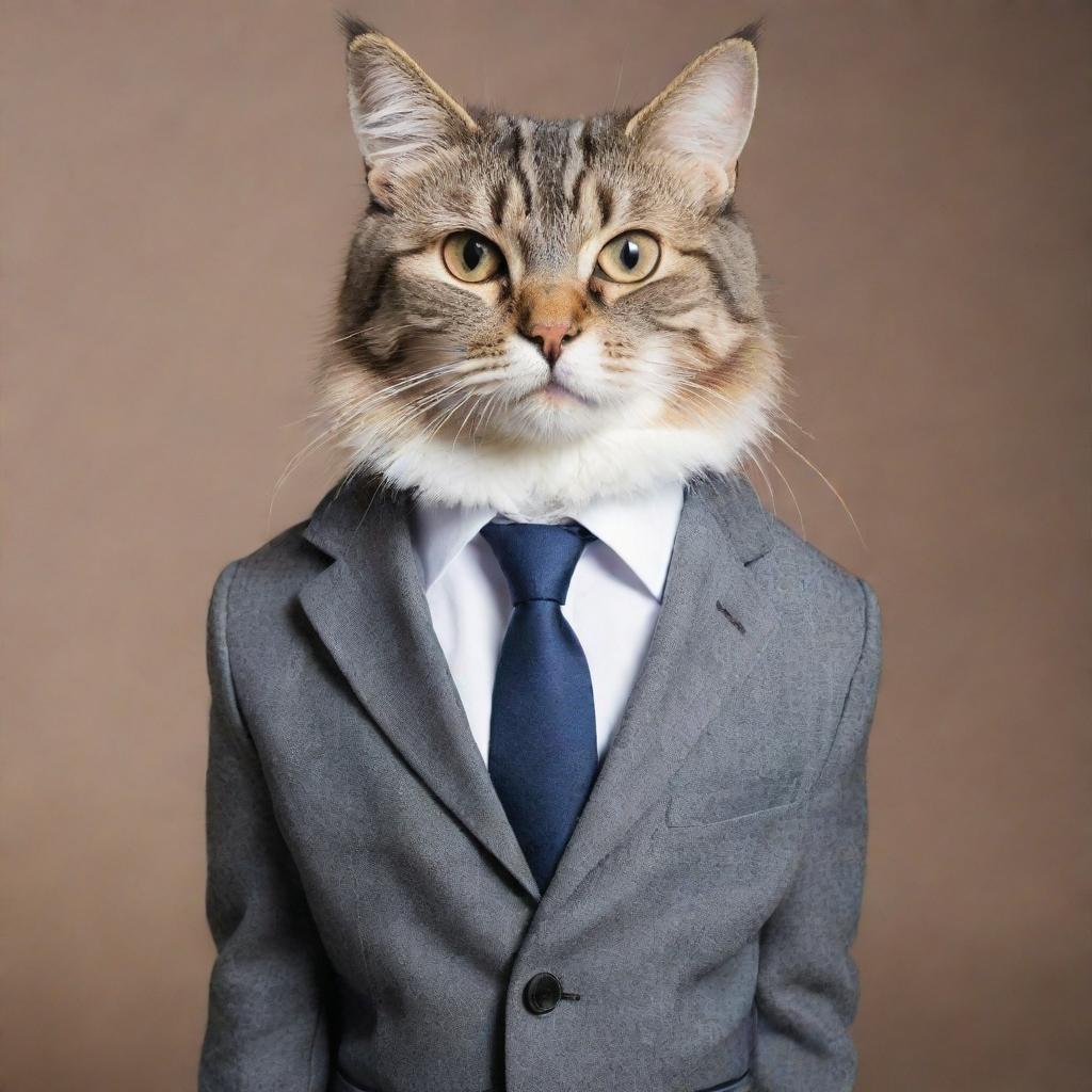 An adorable cat dressed in a fitted business suit, exuding an air of professionalism.