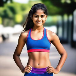 A high-quality photograph depicting a Desi Indian teenage girl in a sports bra as part of her athletic attire
