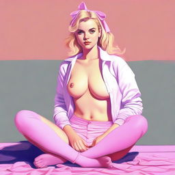 A high-quality digital art image portrays a 25-year-old blonde woman with a bow in her hair, sitting cross-legged on the floor