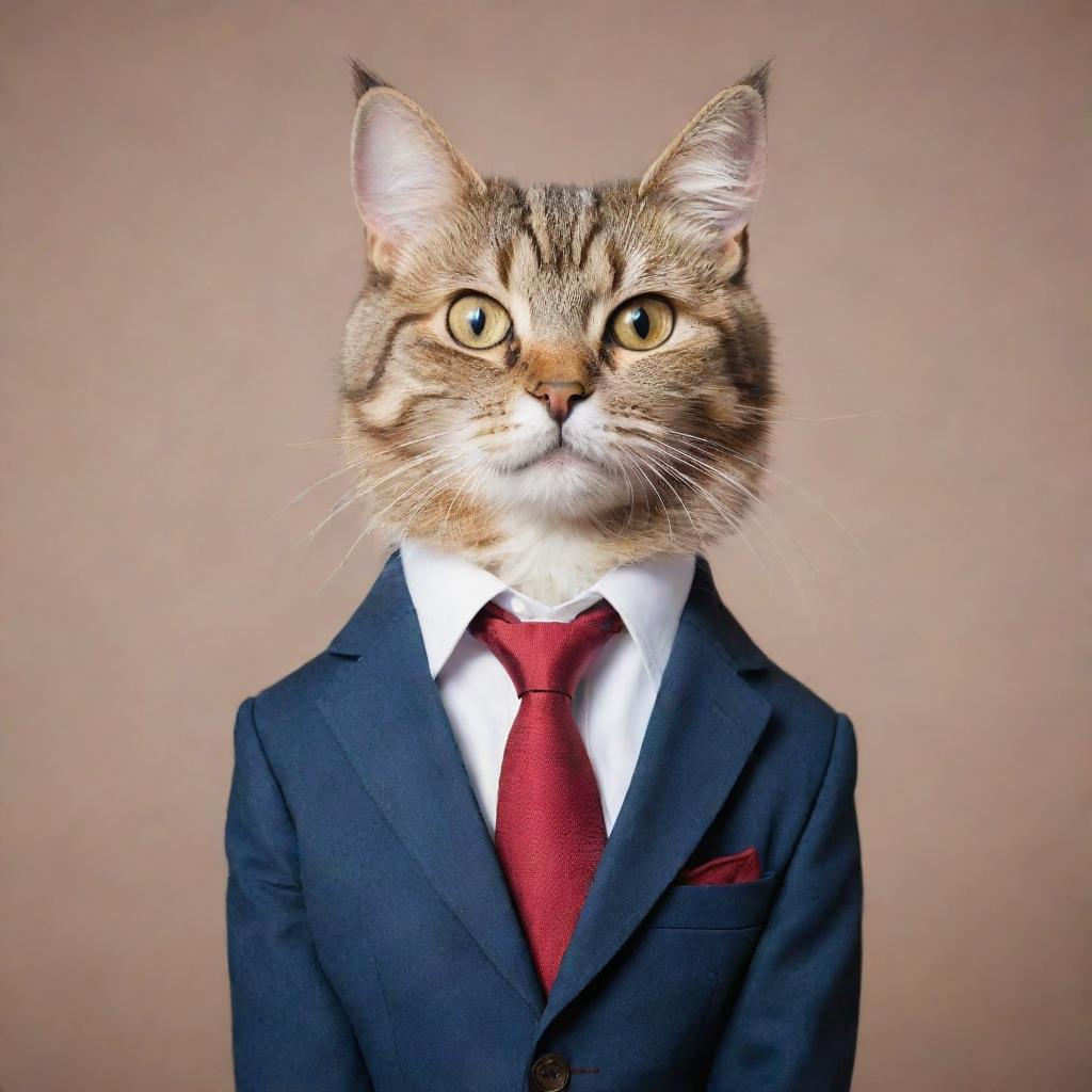 An adorable cat dressed in a fitted business suit, exuding an air of professionalism.