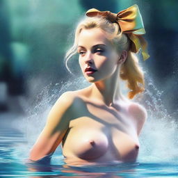 A tasteful digital art piece presents a 25-year-old woman with blonde hair and a bow atop her head, showering and directing the water jet towards her lower body