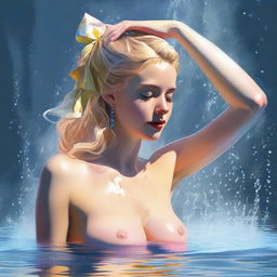 A tasteful digital art piece presents a 25-year-old woman with blonde hair and a bow atop her head, showering and directing the water jet towards her lower body