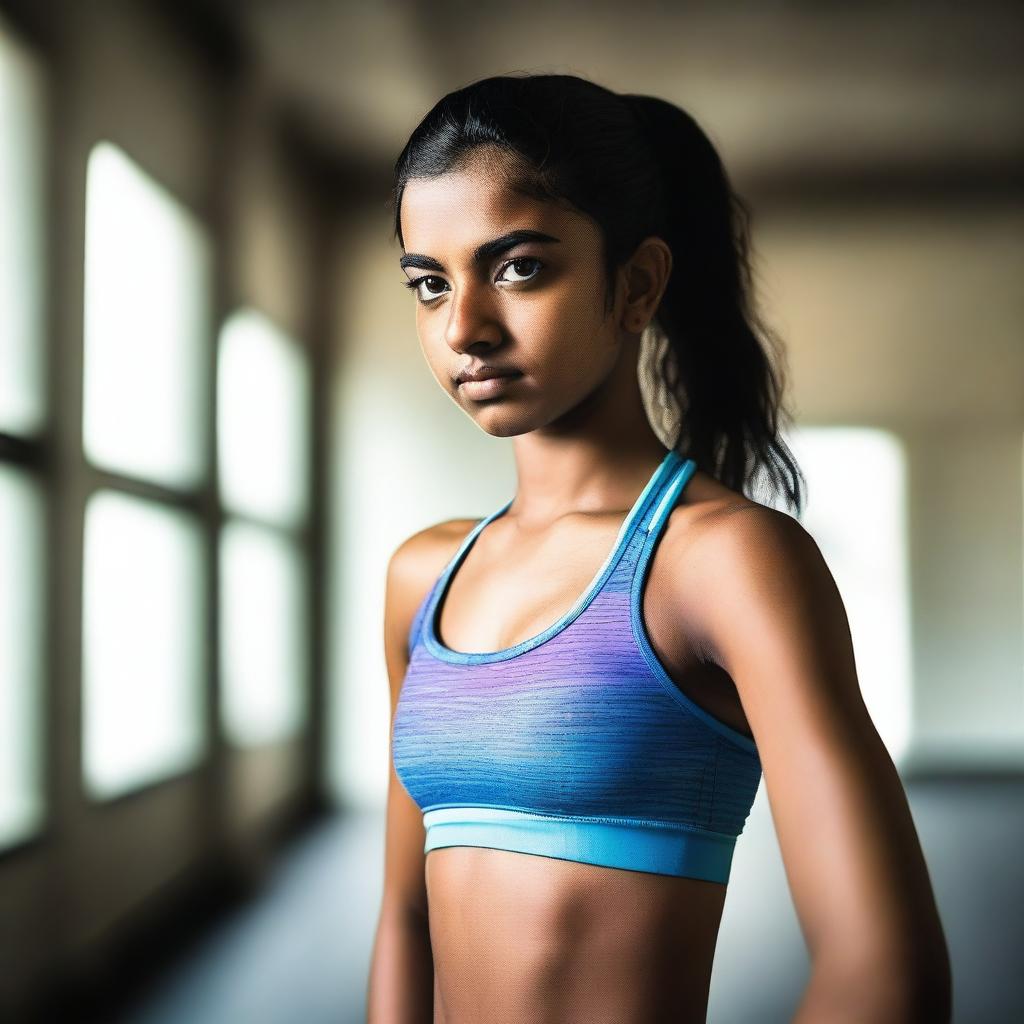 A tasteful, high-quality photograph of a Desi Indian teenage girl in a sports bra, ready for a workout
