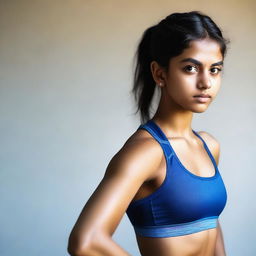 A tasteful, high-quality photograph of a Desi Indian teenage girl in a sports bra, ready for a workout
