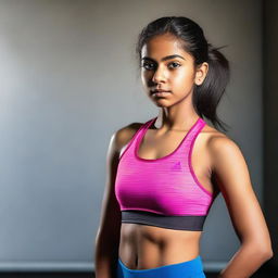A tasteful, high-quality photograph of a Desi Indian teenage girl in a sports bra, ready for a workout
