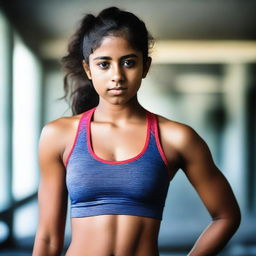 A tasteful, high-quality photograph of a Desi Indian teenage girl in a sports bra, ready for a workout