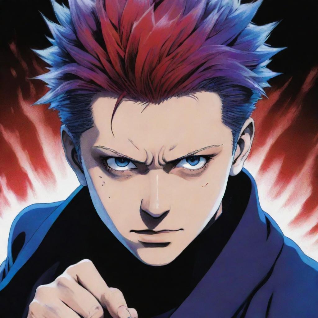 Gojo Satoru, a character from 'Jujutsu Kaisen', with a dramatic effect blending the colors blue, red, and purple