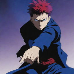 Gojo Satoru, a character from 'Jujutsu Kaisen', with a dramatic effect blending the colors blue, red, and purple