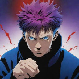 Gojo Satoru, a character from 'Jujutsu Kaisen', with a dramatic effect blending the colors blue, red, and purple