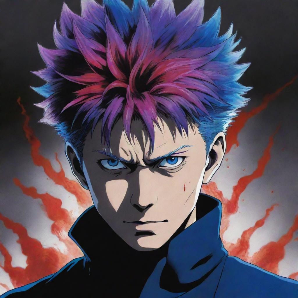 Gojo Satoru, a character from 'Jujutsu Kaisen', with a dramatic effect blending the colors blue, red, and purple