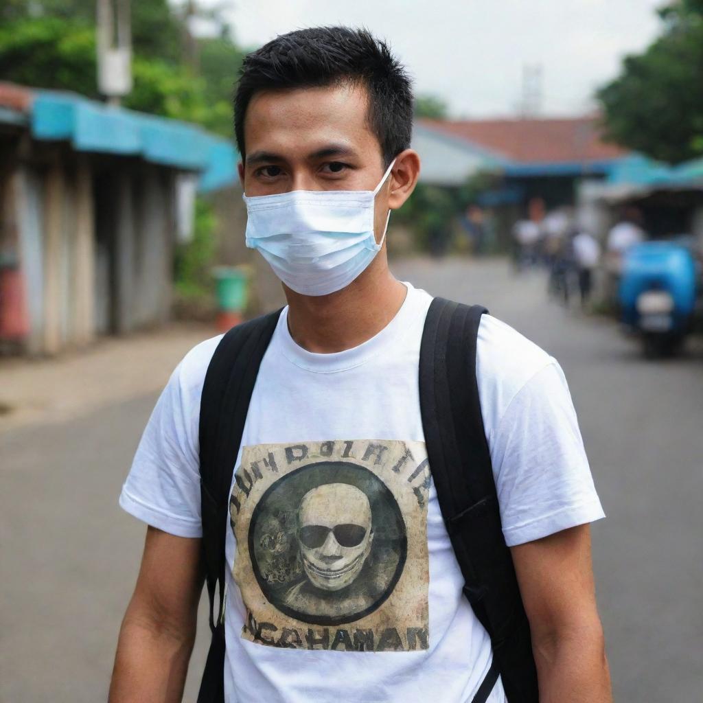 A man in a mask with a backpack, wearing a t-shirt boldly inscribed with 'DNR Rachman'