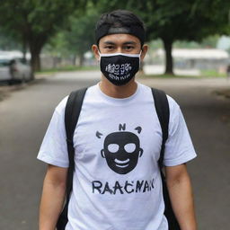 A man in a mask with a backpack, wearing a t-shirt boldly inscribed with 'DNR Rachman'