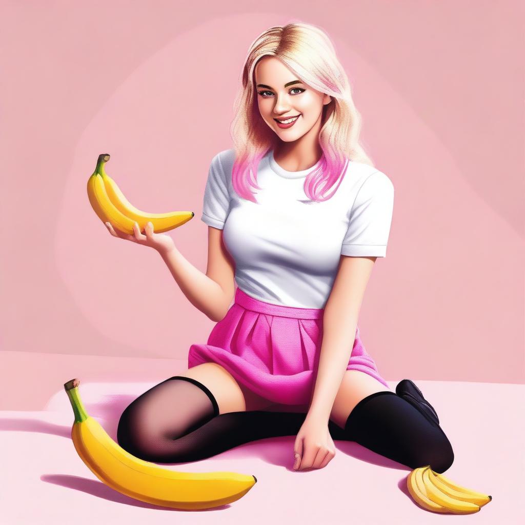 This is a high-quality digital art image featuring a 25-year-old woman with blonde hair, kneeling and enjoying a banana