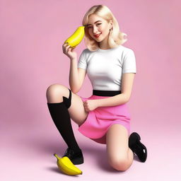 This is a high-quality digital art image featuring a 25-year-old woman with blonde hair, kneeling and enjoying a banana