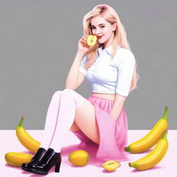 This is a high-quality digital art image featuring a 25-year-old woman with blonde hair, kneeling and enjoying a banana