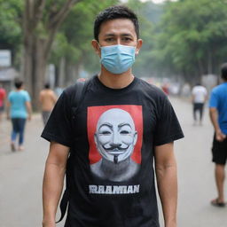 A man in a mask with a backpack, wearing a t-shirt boldly inscribed with 'DNR Rachman'