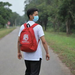 A masked man carrying a backpack, wearing a shirt imprinted with 'DNR Rachman'