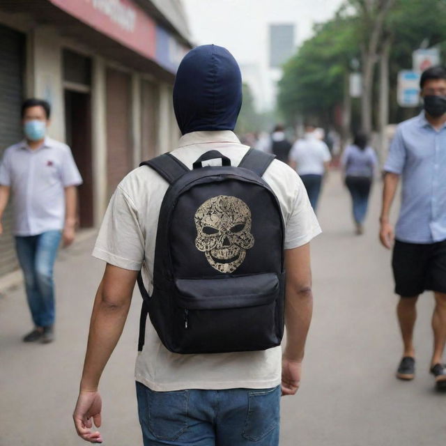 A masked man carrying a backpack, wearing a shirt imprinted with 'DNR Rachman'