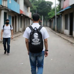 A masked man carrying a backpack, wearing a shirt imprinted with 'DNR Rachman'