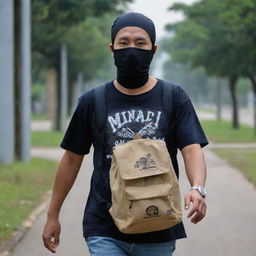 A masked man carrying a backpack, wearing a shirt imprinted with 'DNR Rachman'