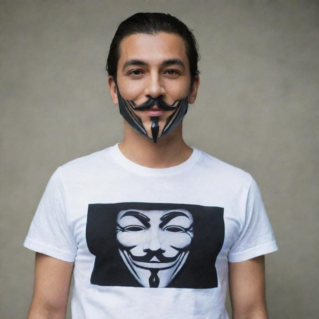 A man wearing a 'V for Vendetta' mask, clad in a shirt that has 'DNR Rachman' boldly printed on it