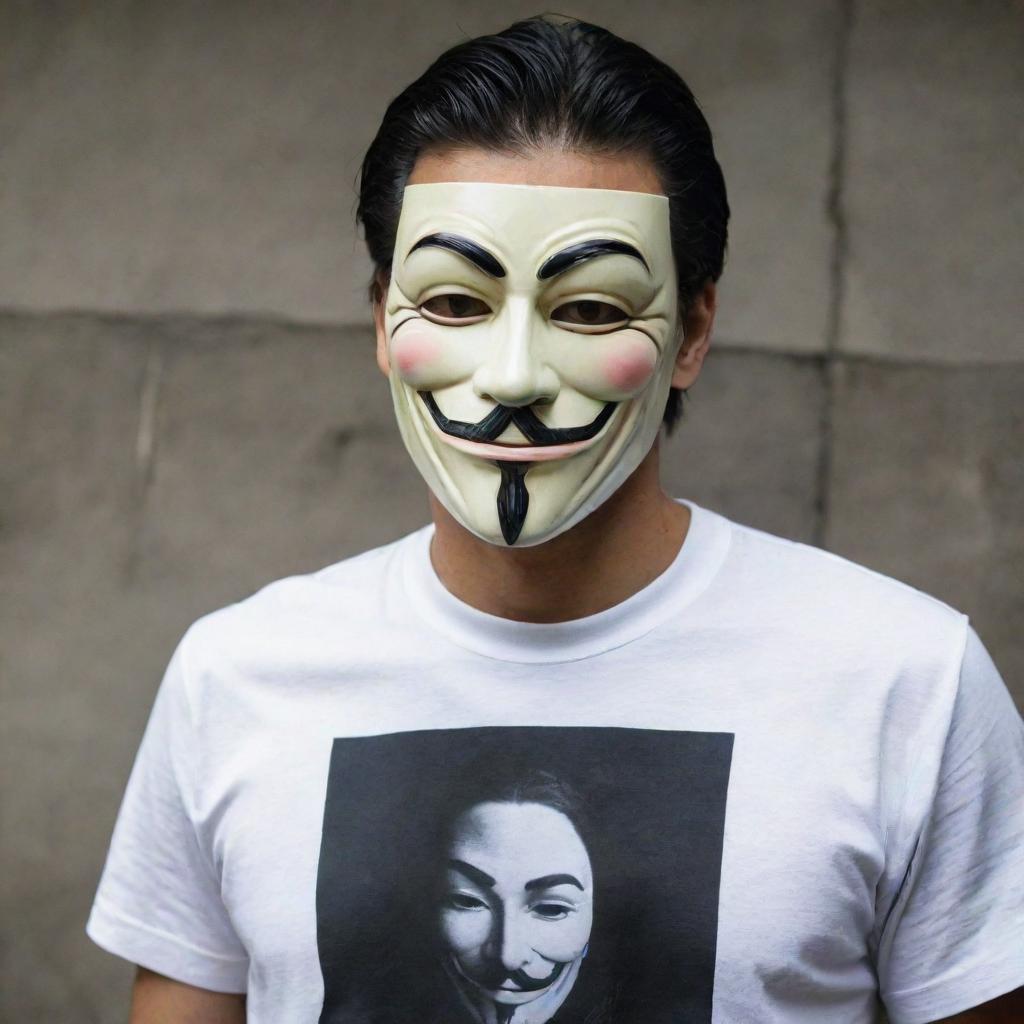 A man wearing a 'V for Vendetta' mask, clad in a shirt that has 'DNR Rachman' boldly printed on it