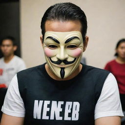 A man wearing a 'V for Vendetta' mask, clad in a shirt that has 'DNR Rachman' boldly printed on it