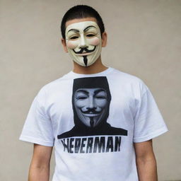 A man wearing a 'V for Vendetta' mask, clad in a shirt that has 'DNR Rachman' boldly printed on it