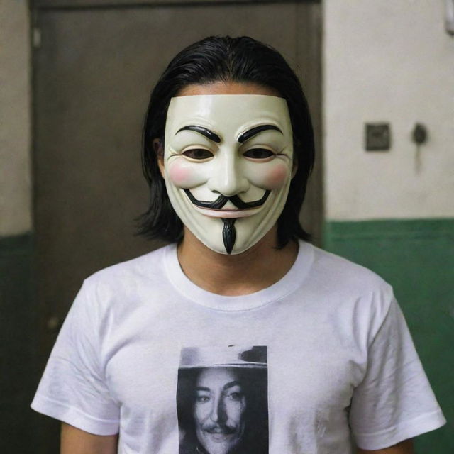 A man in a 'V for Vendetta' mask, wearing a shirt emblazoned with 'DNR Rachman'