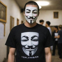 A man in a 'V for Vendetta' mask, wearing a shirt emblazoned with 'DNR Rachman'