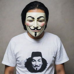 A man in a 'V for Vendetta' mask, wearing a shirt emblazoned with 'DNR Rachman'