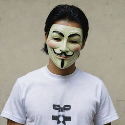 A man in a 'V for Vendetta' mask, wearing a shirt emblazoned with 'DNR Rachman'