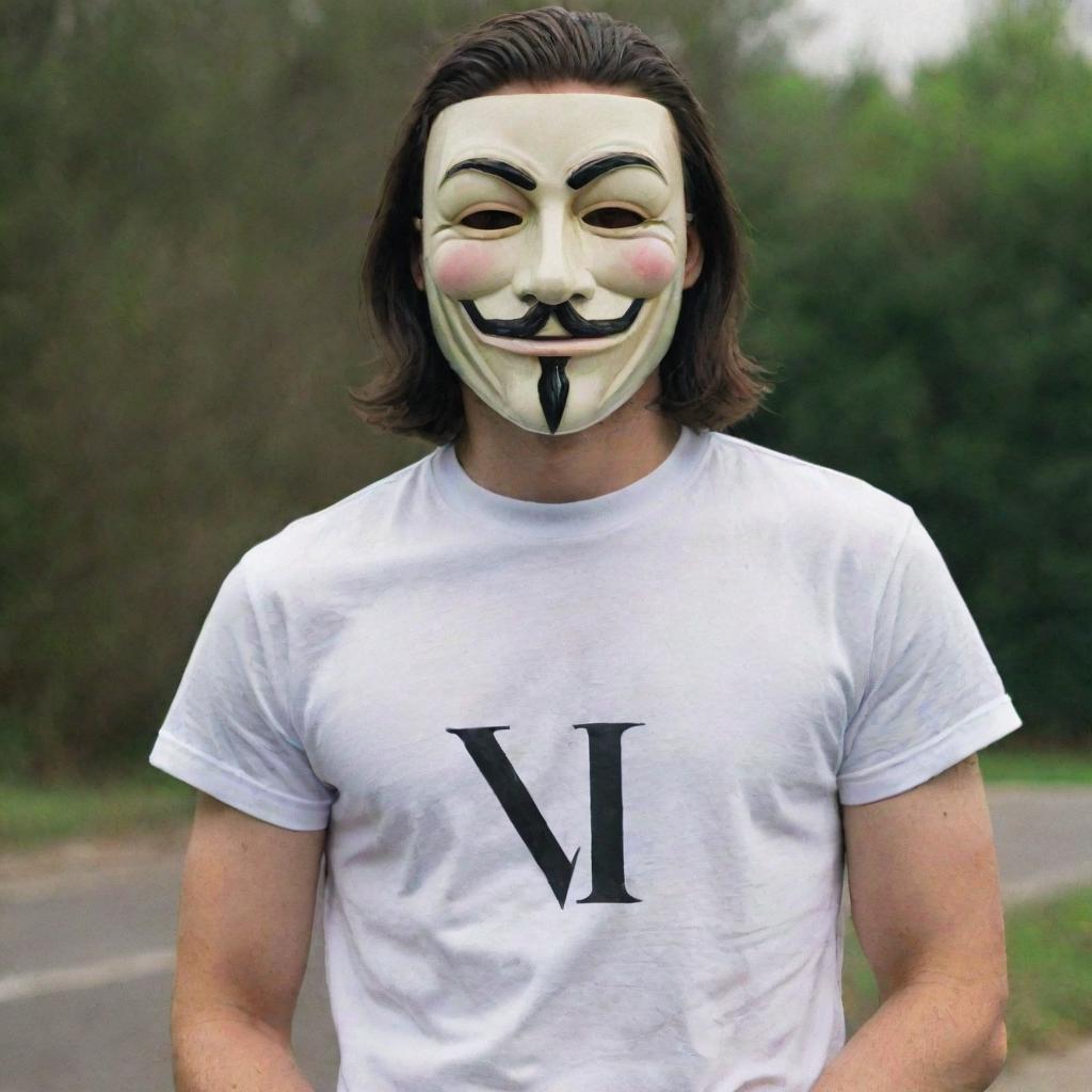 A man clad in a 'V for Vendetta' mask and a shirt boldly displaying the letters 'DNR'