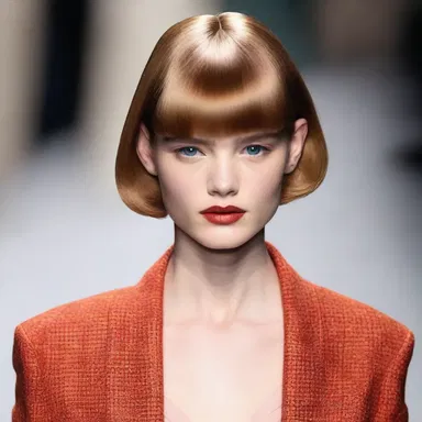 The fashion-forward model sported a chic pageboy hairstyle on the runway, adding a touch of retro charm to the modern clothing.
