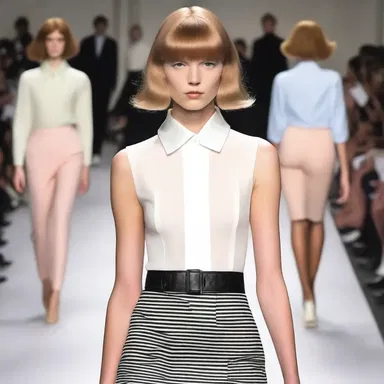 The fashion-forward model sported a chic pageboy hairstyle on the runway, adding a touch of retro charm to the modern clothing.