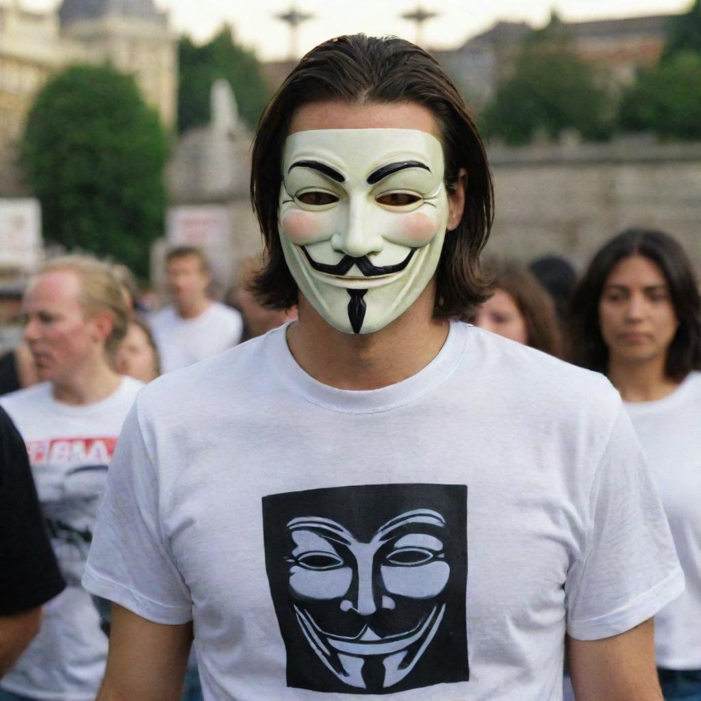 A man in a 'V for Vendetta' mask, wearing a t-shirt prominently emblazoned with 'DNR'