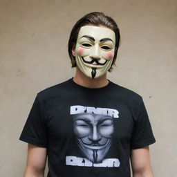 A man in a 'V for Vendetta' mask, wearing a t-shirt prominently emblazoned with 'DNR'