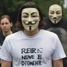 A man in a 'V for Vendetta' mask, wearing a t-shirt prominently emblazoned with 'DNR'