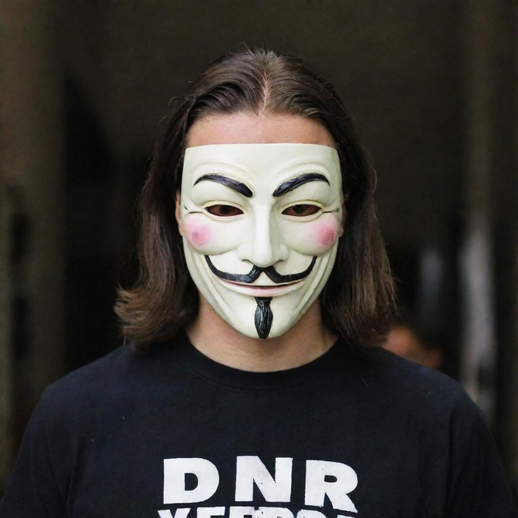 A man in a 'V for Vendetta' mask, wearing a t-shirt prominently emblazoned with 'DNR'