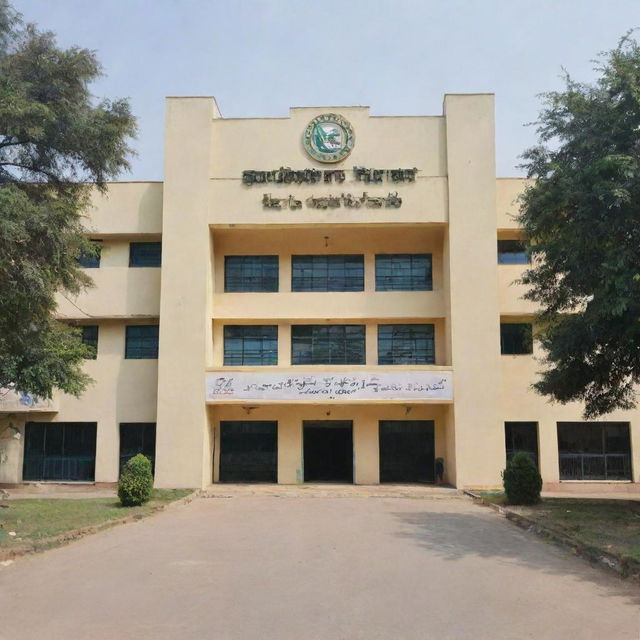 Create an image of a school building with banner displaying the name 'Gulshan-E-Milat Urdu High School'