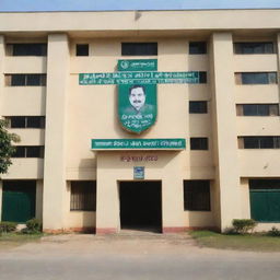 Create an image of a school building with banner displaying the name 'Gulshan-E-Milat Urdu High School'