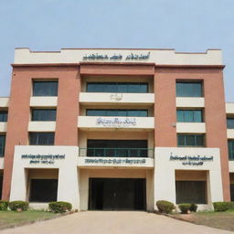 Create an image of a school building with banner displaying the name 'Gulshan-E-Milat Urdu High School'