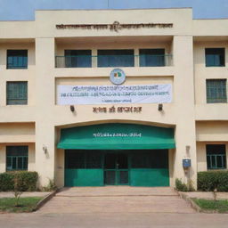 Create an image of a school building with banner displaying the name 'Gulshan-E-Milat Urdu High School'