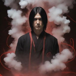 Anime character Itachi Uchiha surrounded by alluring smoke tendrils, casting an ominous yet mysterious vibe.