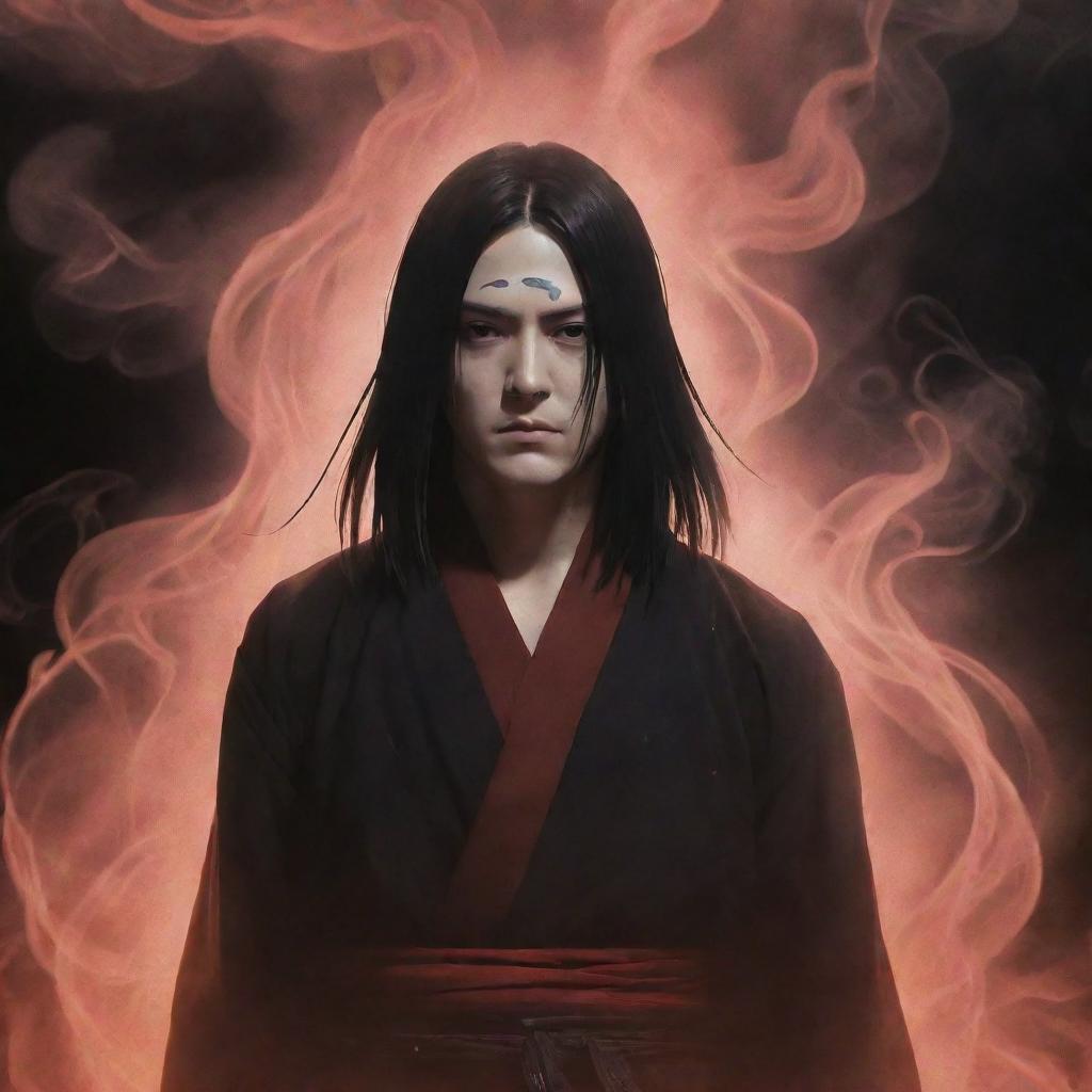 Anime character Itachi Uchiha surrounded by alluring smoke tendrils, casting an ominous yet mysterious vibe.